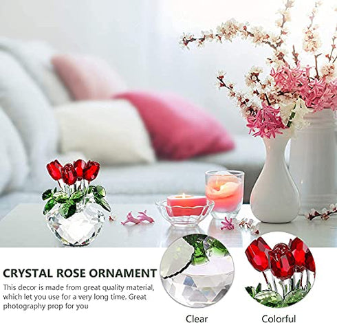 Red Rose Figurine Ornament Spring Bouquet Crystal Glass Flowers Gift-Boxed